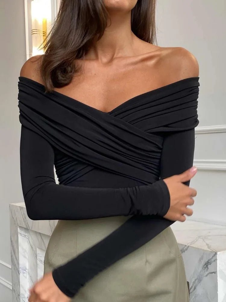 Mia Off-Shoulder Long Sleeve Bodysuit with Ruched Crossover Wrap Front Detail
