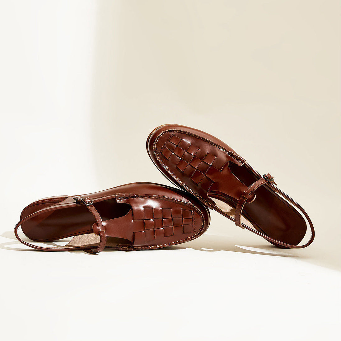 Milan Woven Leather Slingback Sandals with T-Bar Strap and Flat Heel