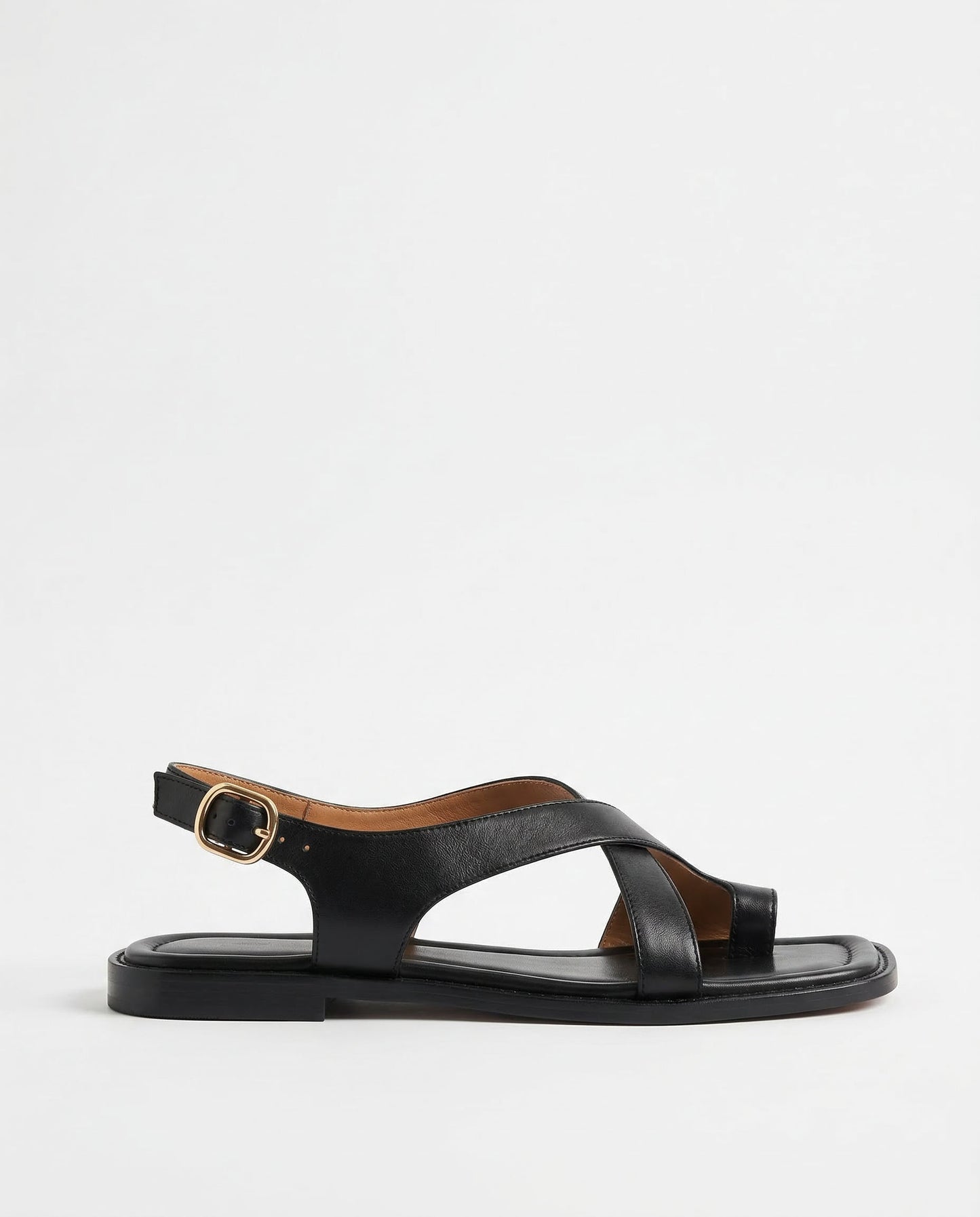 Mira Leather Toe Loop Crisscross Flat Sandals with Slingback Ankle Buckle