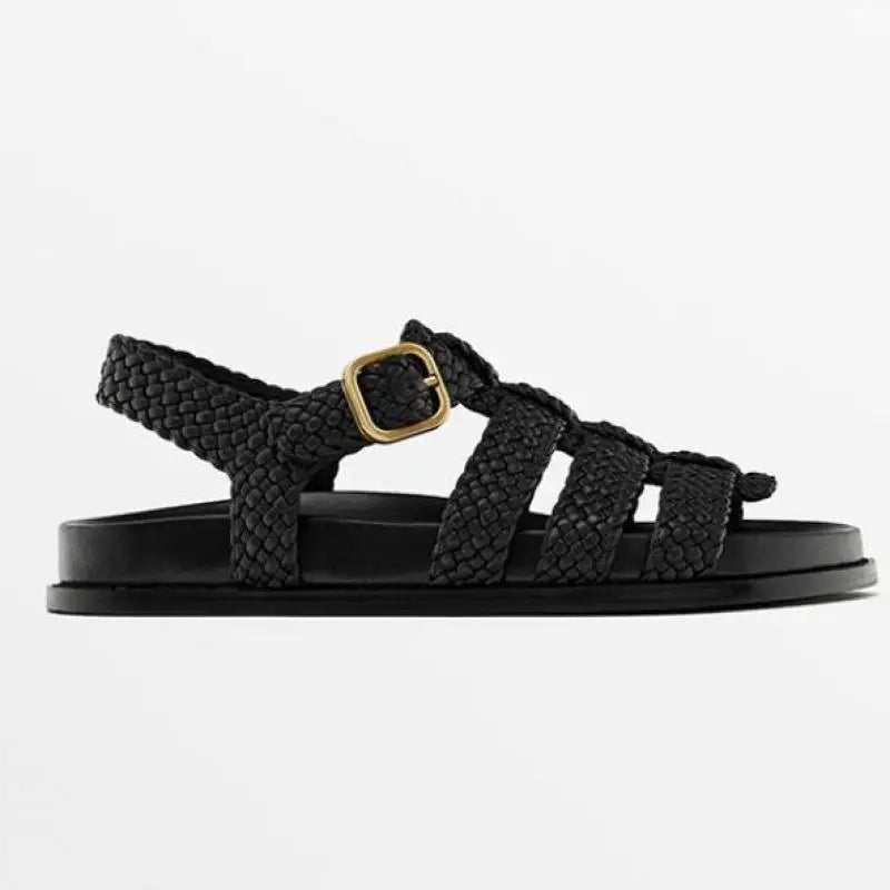 Riven Boho Woven Braided Caged Flat Sandals with Gold Buckle Ankle Strap