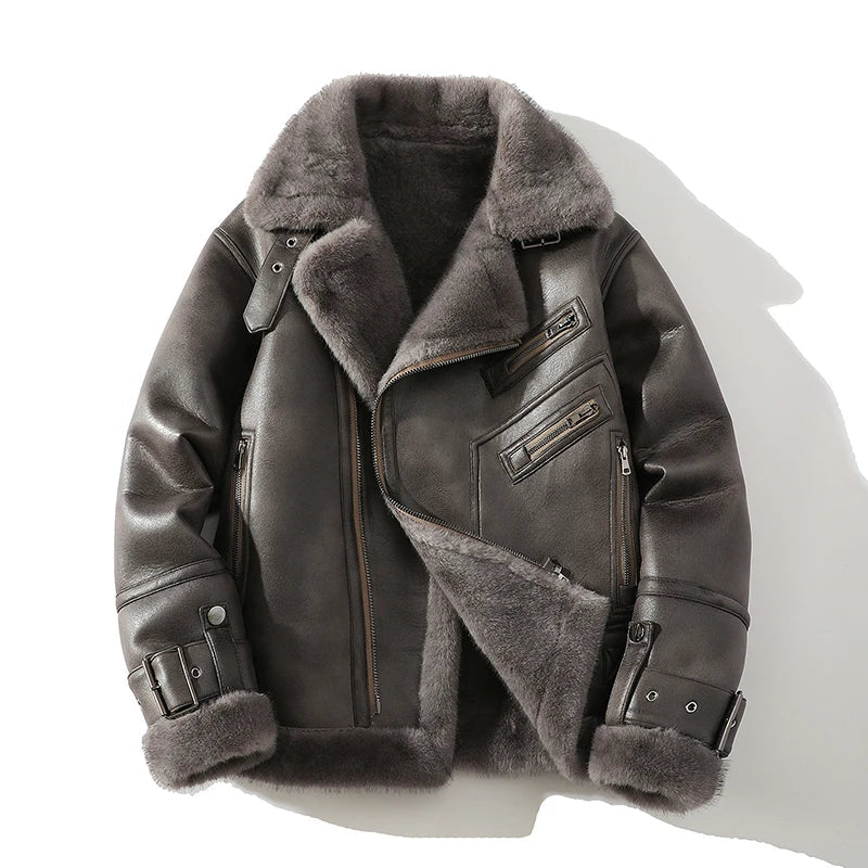 Airfield Suede Shearling Aviator Jacket with Wide Lapel and Buckle Cuffs