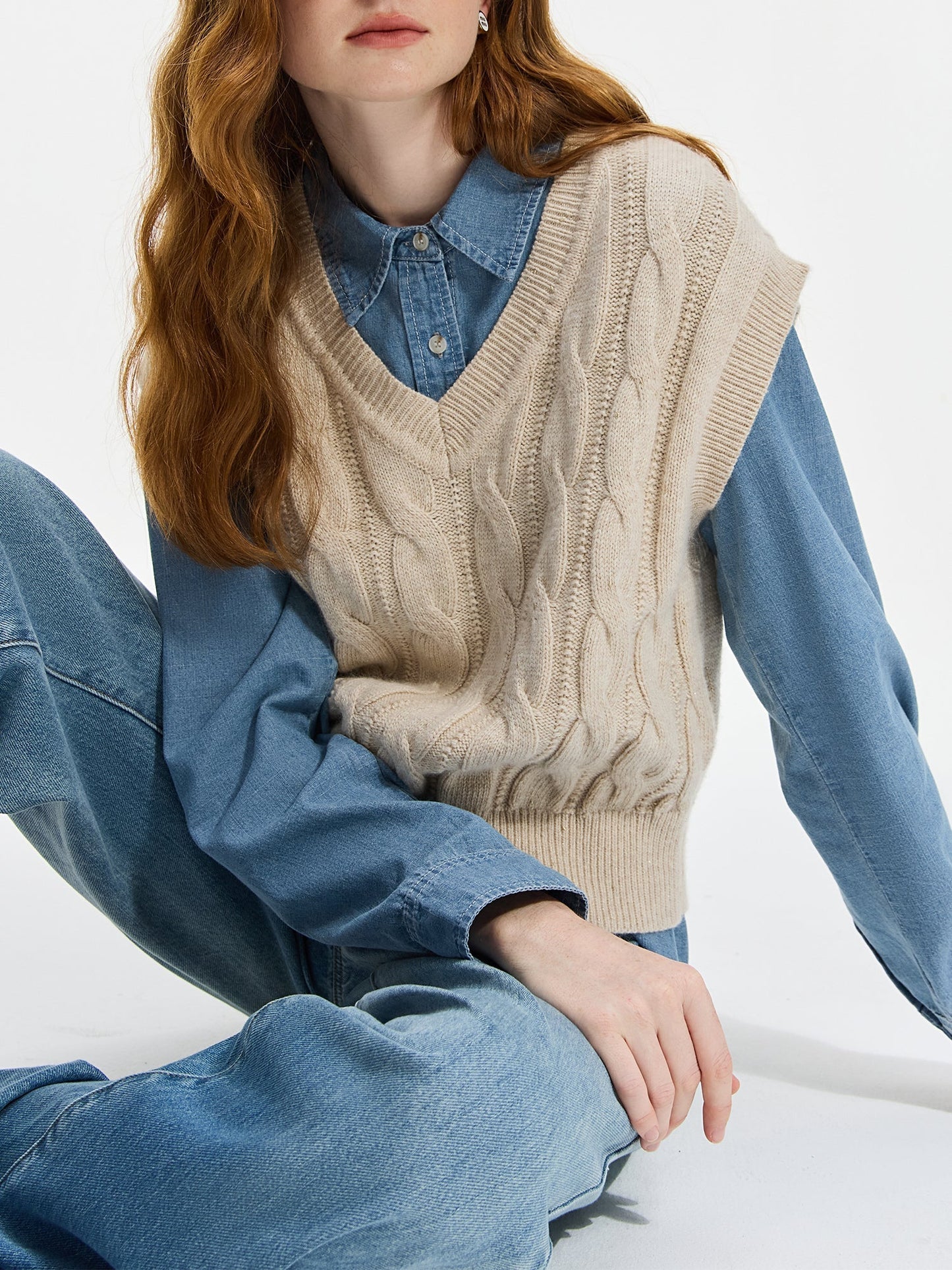 Ada Chunky Cable Knit Sweater Vest featuring Deep V-Neck and Ribbed Hem Trim