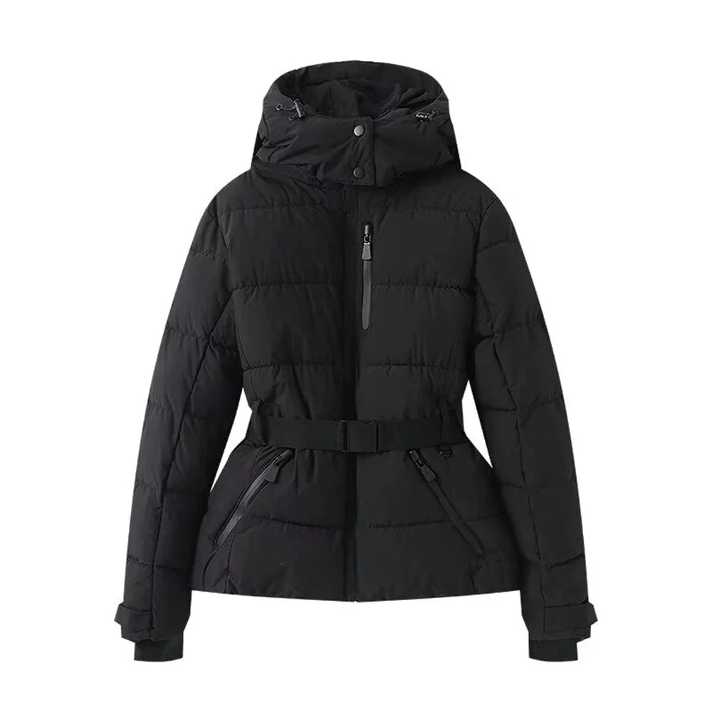Aurora Diamond Print Hooded Down Jacket with Quilted Body and Belted Waist