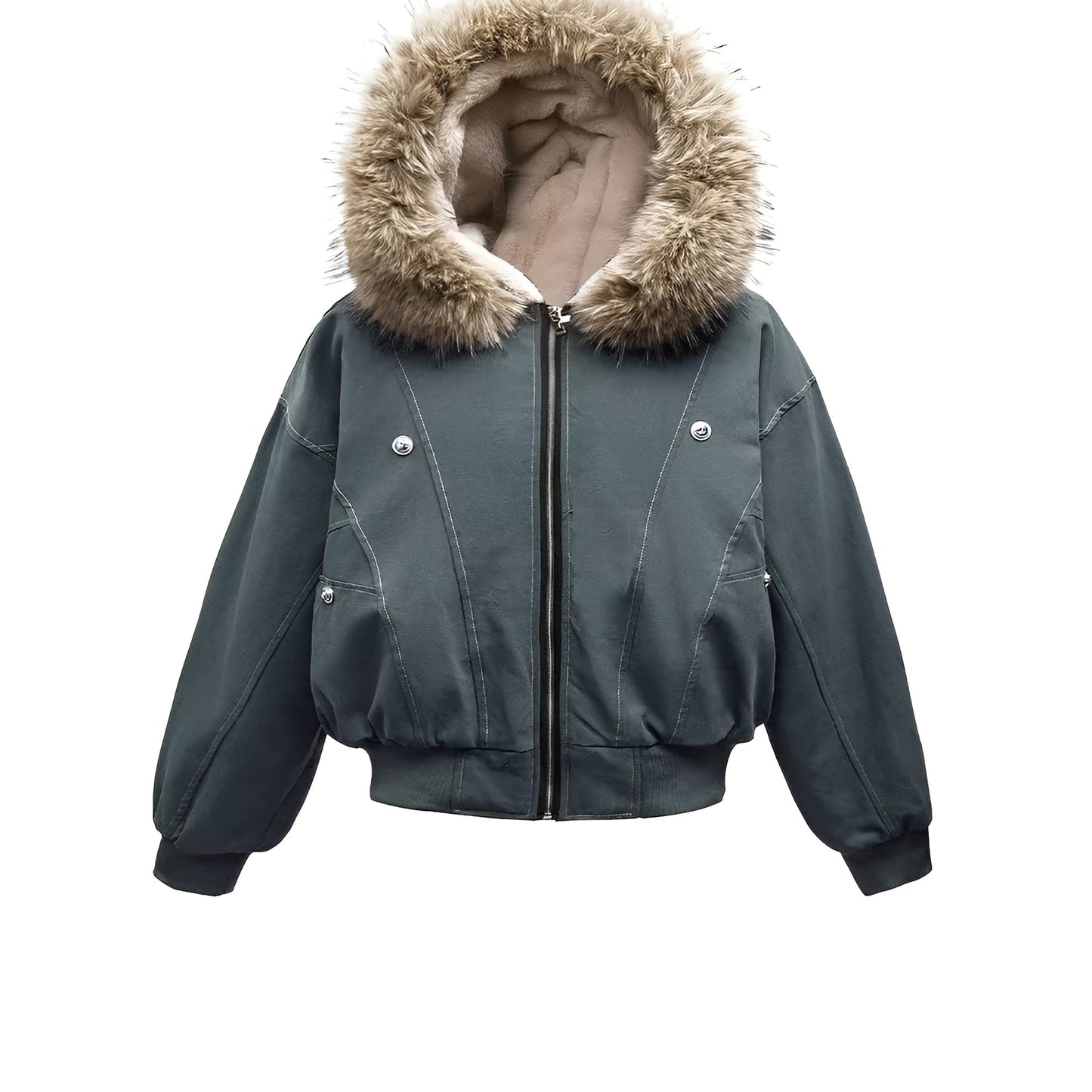 Avery Fleece Lined Bomber Jacket with Faux Fur Hood and Snap Button Pockets