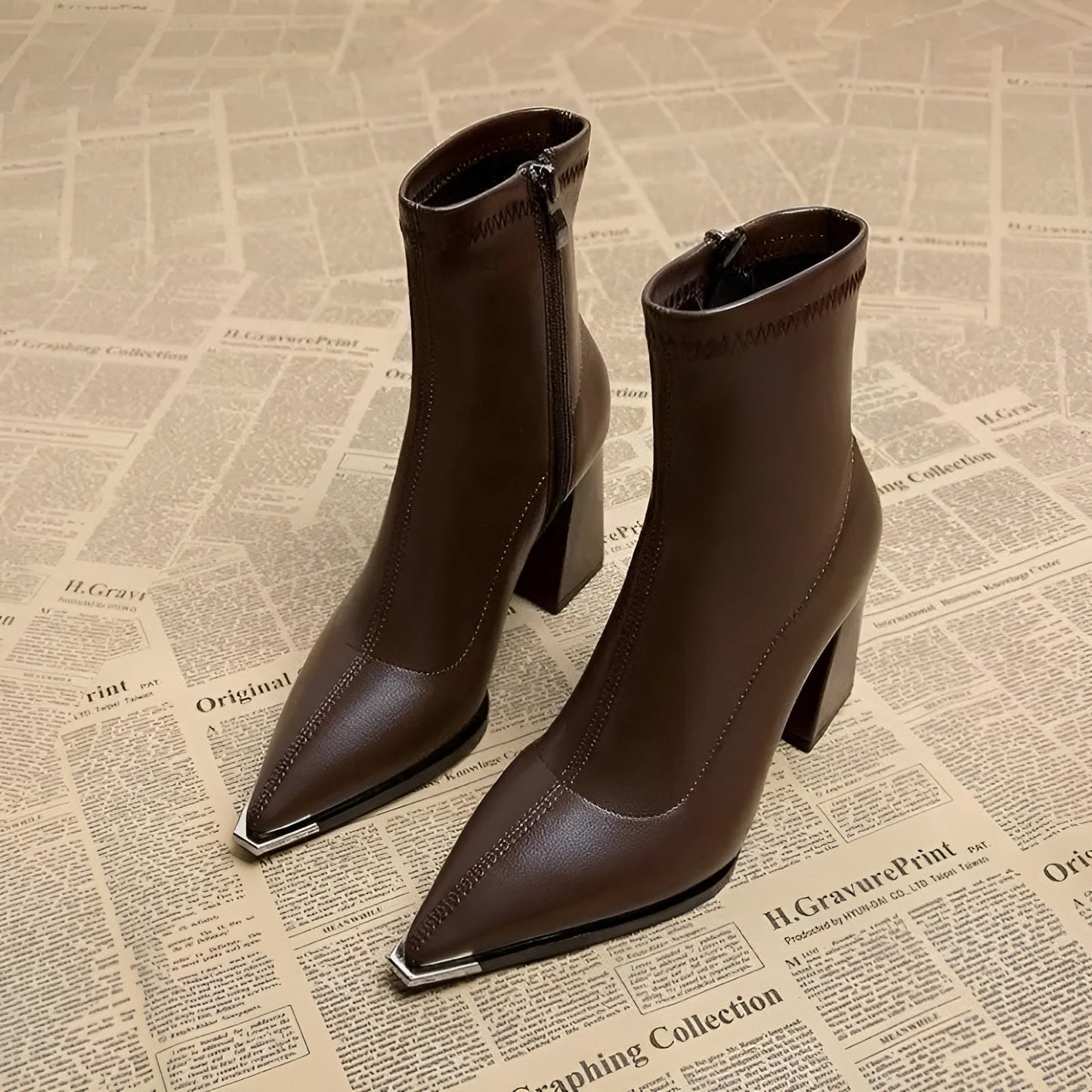 Camille Sleek Pointed Toe Pull On Ankle Boot with Chrome Tip and Block Heel