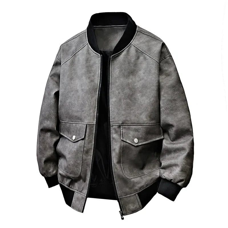 Drift Washed Leather Zip Bomber with Large Snap Flap Pockets and Ribbed Trim