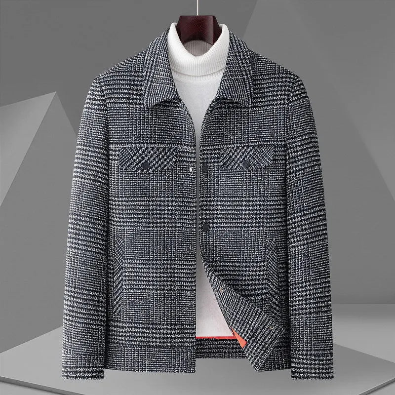 Mason Plaid Short Wool Blend Coat with Spread Collar and Dual Chest Flap Pockets
