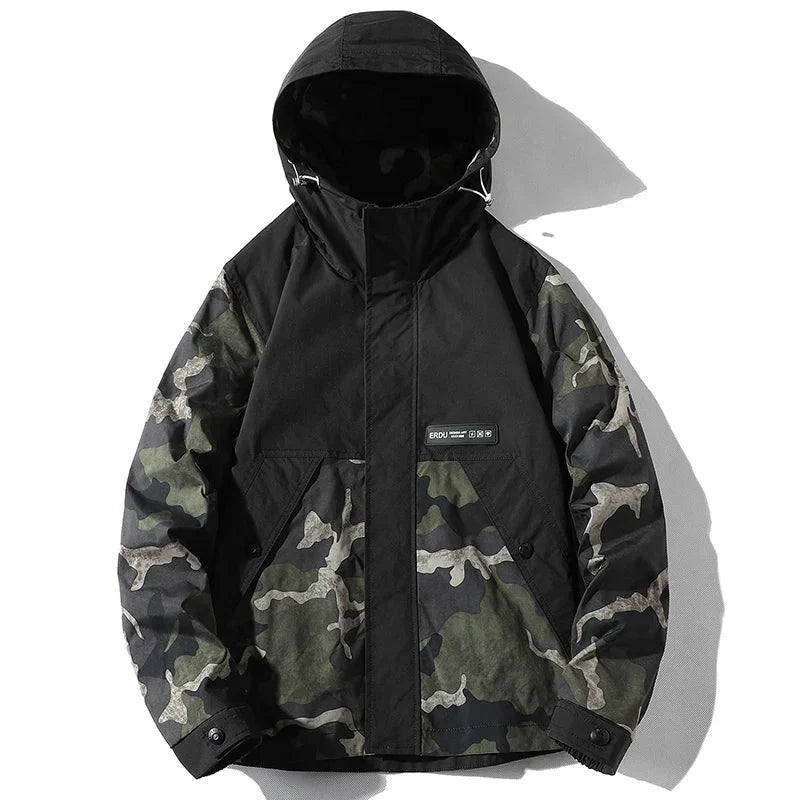 Midland Camo Patchwork Hooded Jacket with Contrast Sleeves and Cargo Pockets
