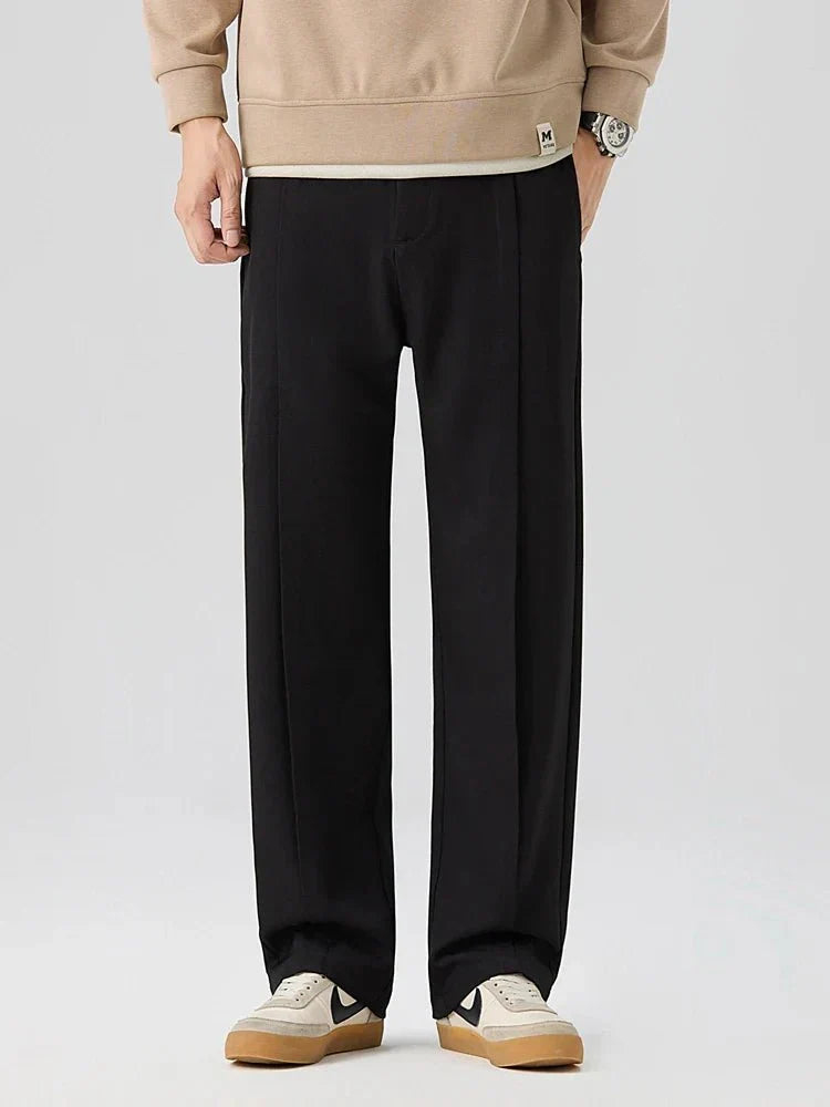 Pleated Straight Leg Dress Pants with Elastic Waistband and Slash Pockets