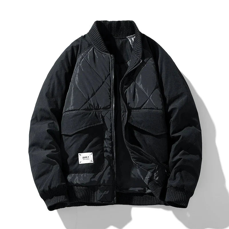 Ranger Cargo Puffer Jacket with Diamond Quilt Panels and Ribbed Stand Collar