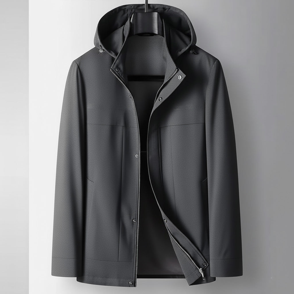 Reuter Hooded Softshell Windbreaker with Full Zip Snap Placket and Slip Pockets