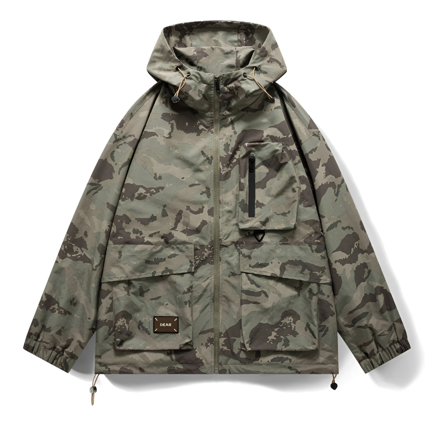Woodland Camo Print Windbreaker Jacket with Drawstring Hood and Cargo Pockets