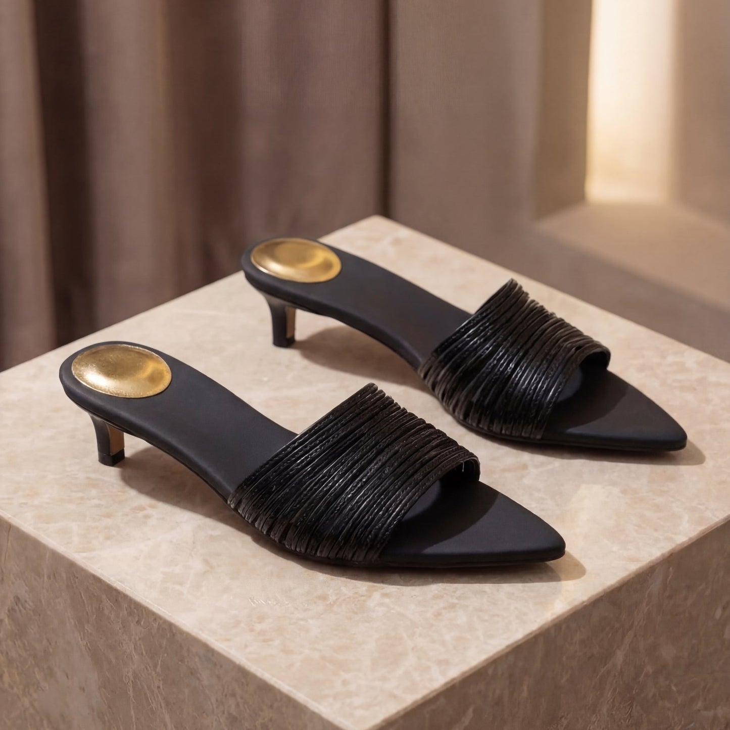 Veloria Pleated Leather Strap Mules with Pointed Toe and Kitten Heel