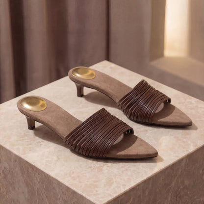 Veloria Pleated Leather Strap Mules with Pointed Toe and Kitten Heel