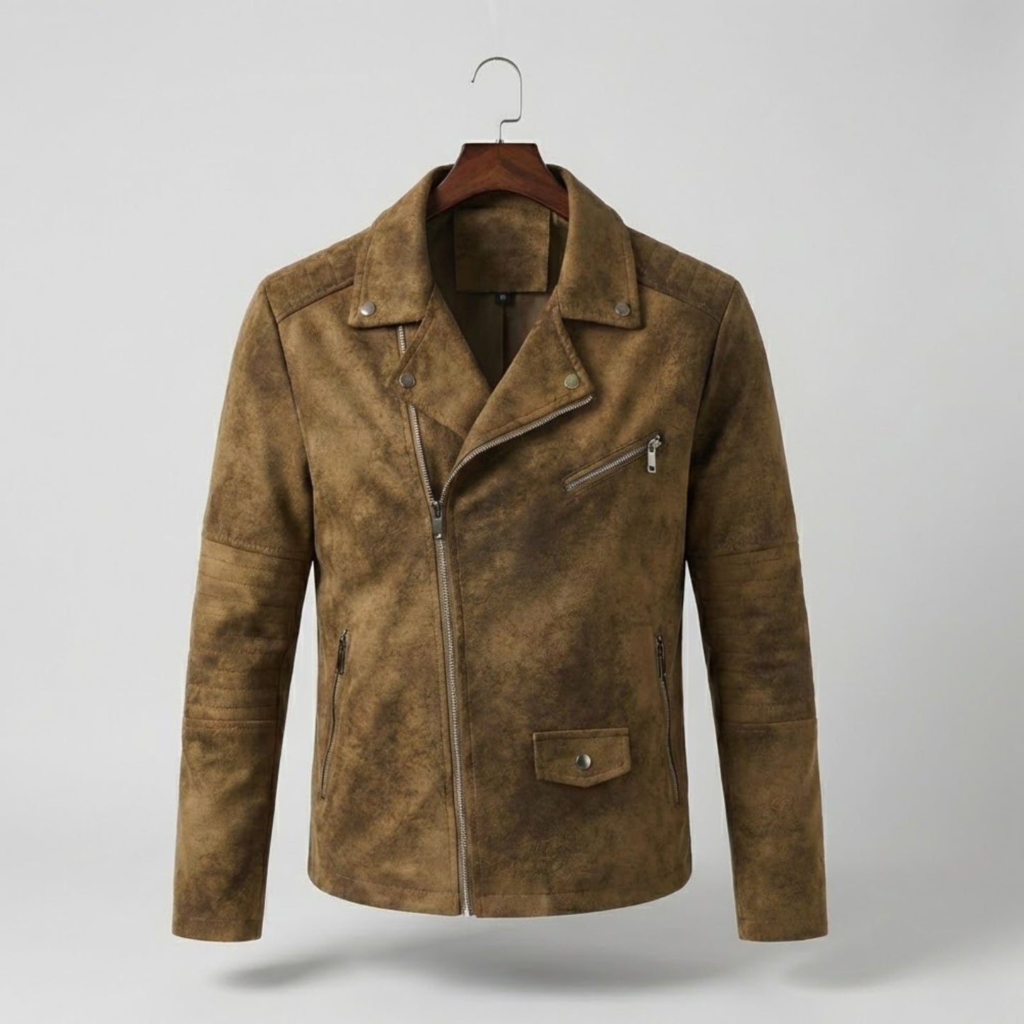 Montello Suede Zip Jacket with Padded Biker Sleeves and Asymmetric Snap Lapel