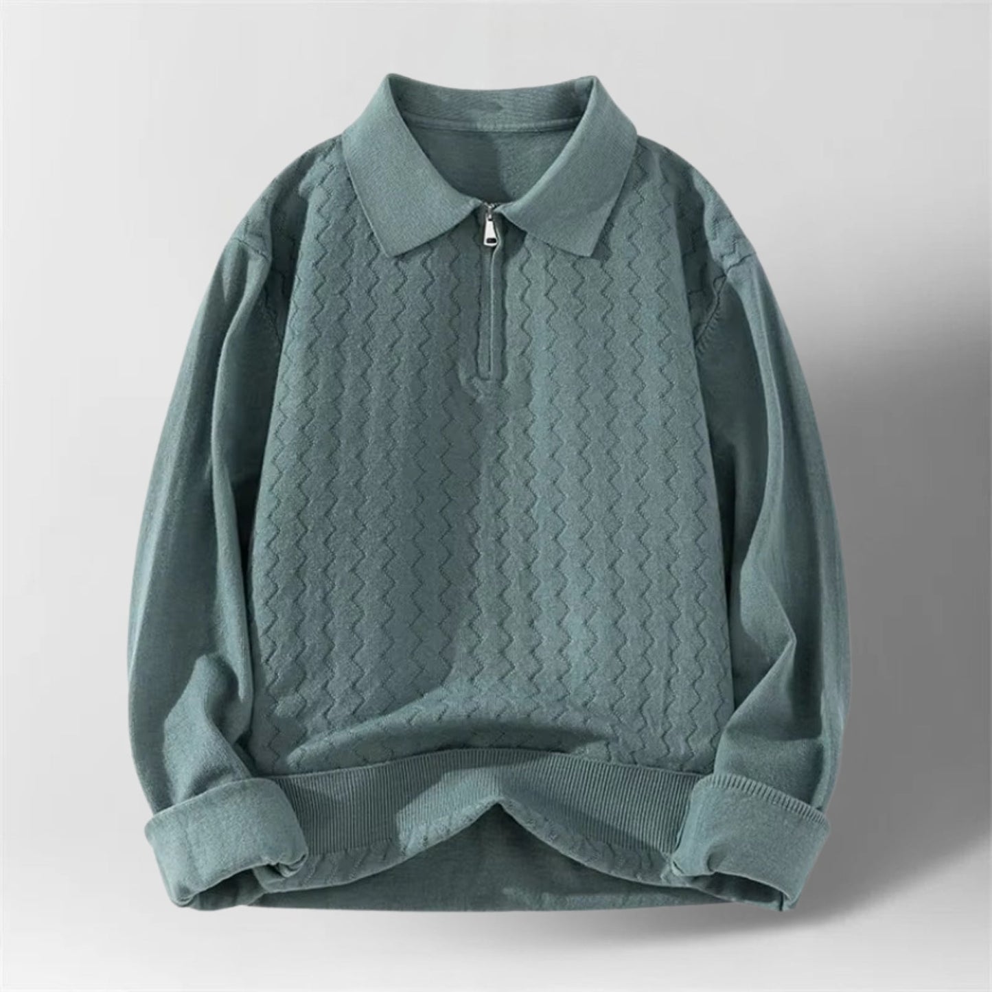 Serrano Oversized Quarter Zip Polo, Wave Knit Texture With Ribbed Cuffs