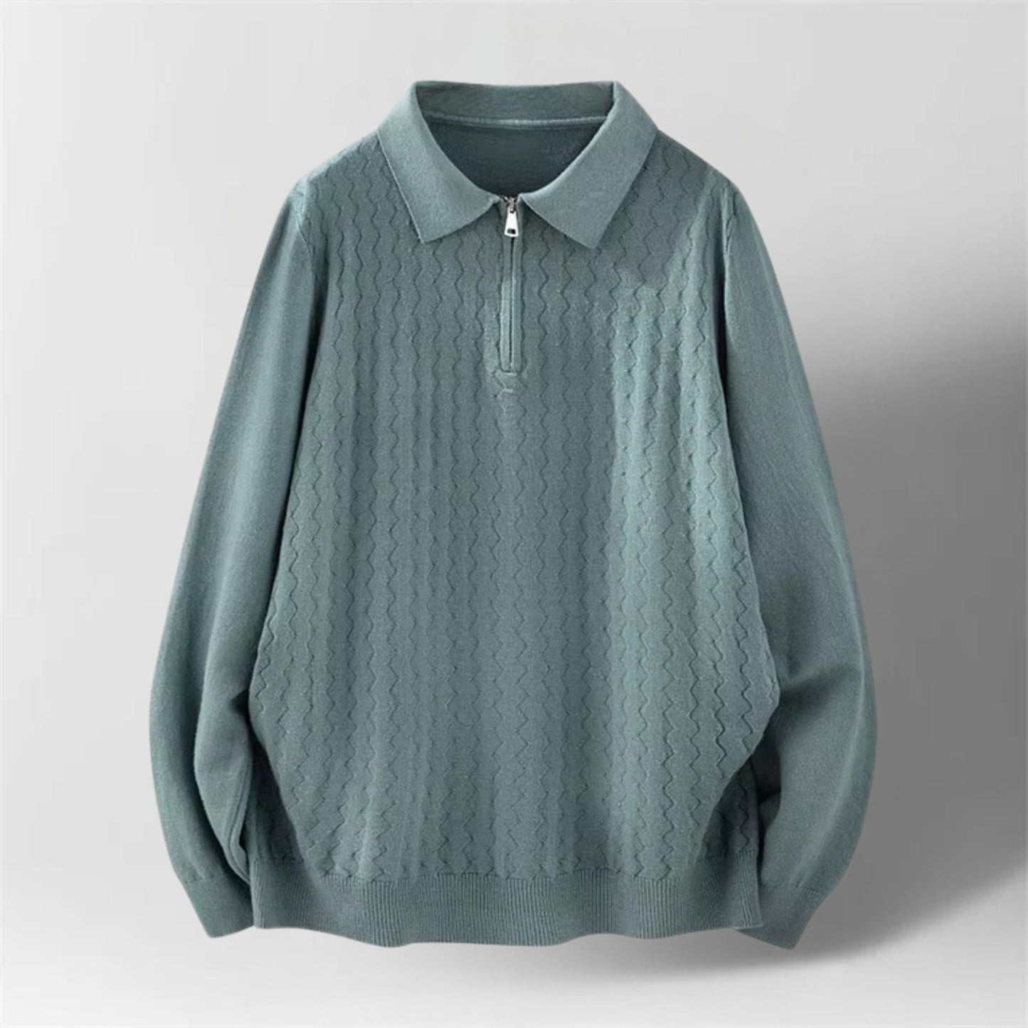 Serrano Oversized Quarter Zip Polo, Wave Knit Texture With Ribbed Cuffs