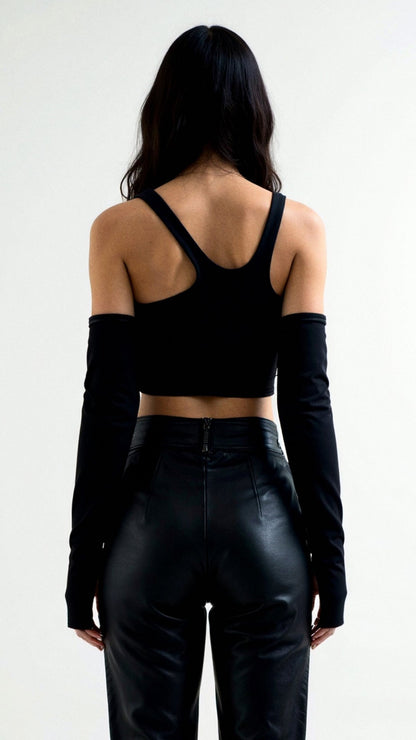 Ava Asymmetric Cut-Out Crop Top with Detached Long Sleeves
