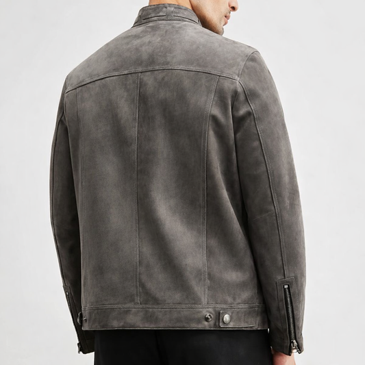 Cortino Suede Moto Jacket, Vintage Biker Coat with Snap Collar and Zip Pockets