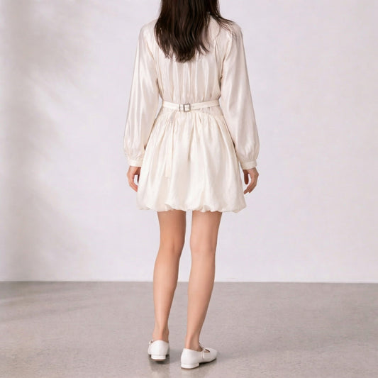 Gracie Satin Bubble Mini Dress with Belted Waist and Balloon Sleeves