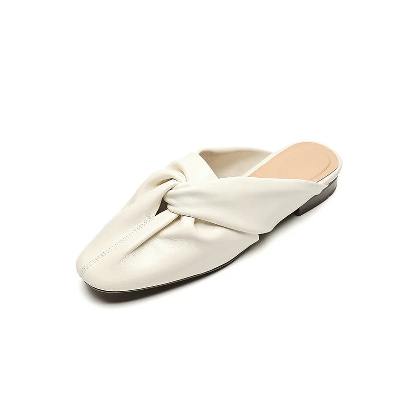 Isla Soft Leather Twist Knot Flat Mules Square Toe Slip-On Backless Shoes