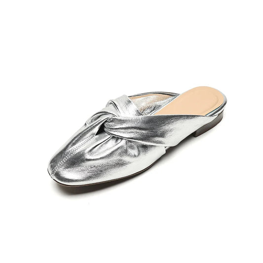 Isla Soft Leather Twist Knot Flat Mules Square Toe Slip-On Backless Shoes