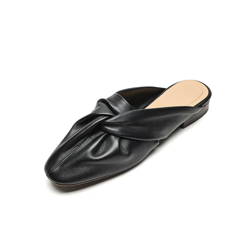 Isla Soft Leather Twist Knot Flat Mules Square Toe Slip-On Backless Shoes