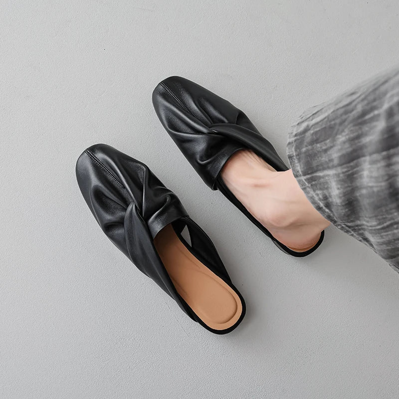 Isla Soft Leather Twist Knot Flat Mules Square Toe Slip-On Backless Shoes