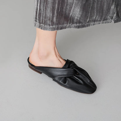 Isla Soft Leather Twist Knot Flat Mules Square Toe Slip-On Backless Shoes