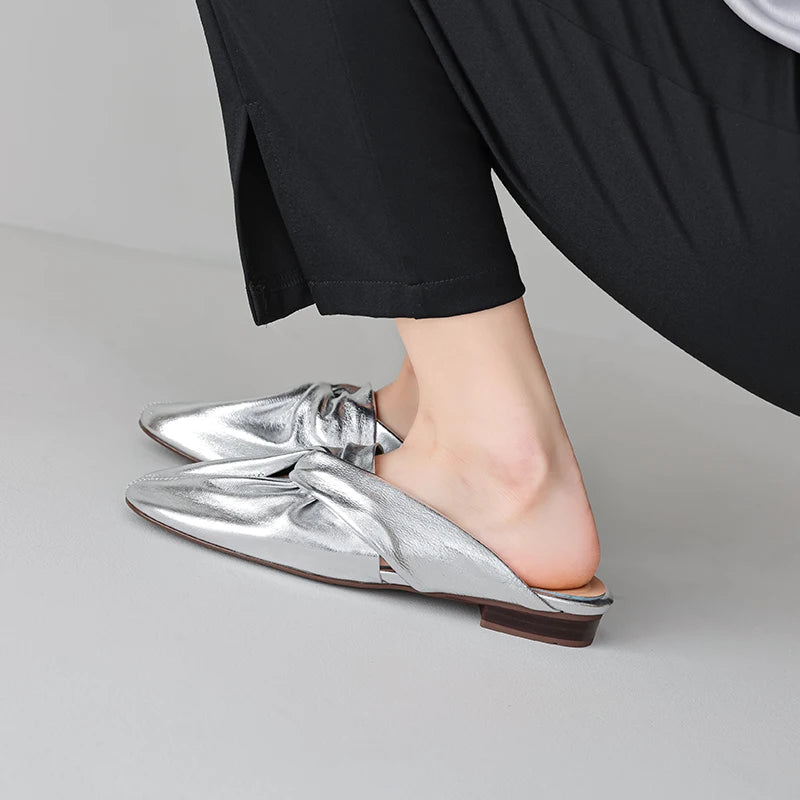 Isla Soft Leather Twist Knot Flat Mules Square Toe Slip-On Backless Shoes