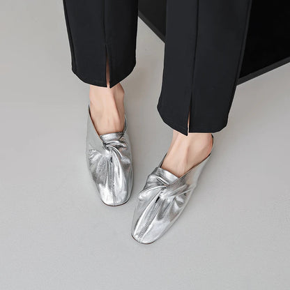 Isla Soft Leather Twist Knot Flat Mules Square Toe Slip-On Backless Shoes