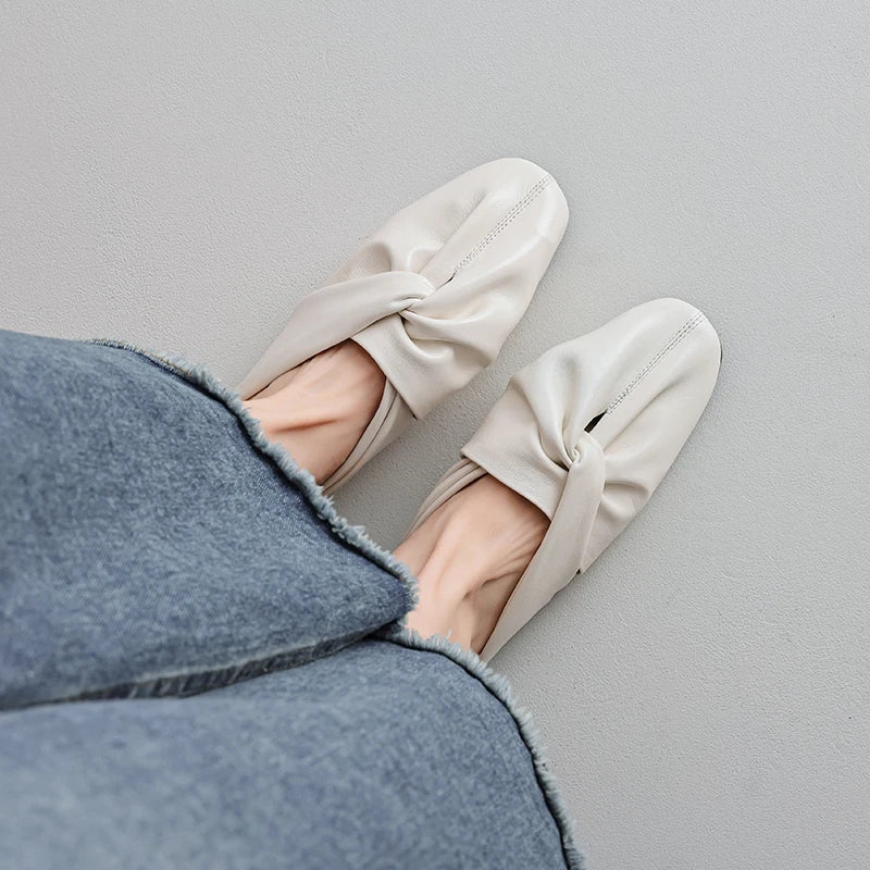 Isla Soft Leather Twist Knot Flat Mules Square Toe Slip-On Backless Shoes