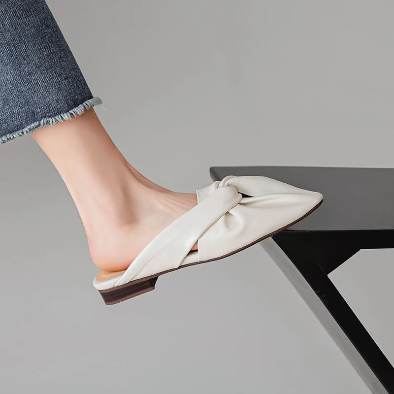 Isla Soft Leather Twist Knot Flat Mules Square Toe Slip-On Backless Shoes