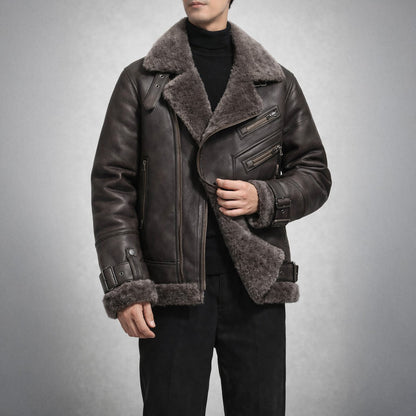Airfield Suede Shearling Aviator Jacket with Wide Lapel and Buckle Cuffs