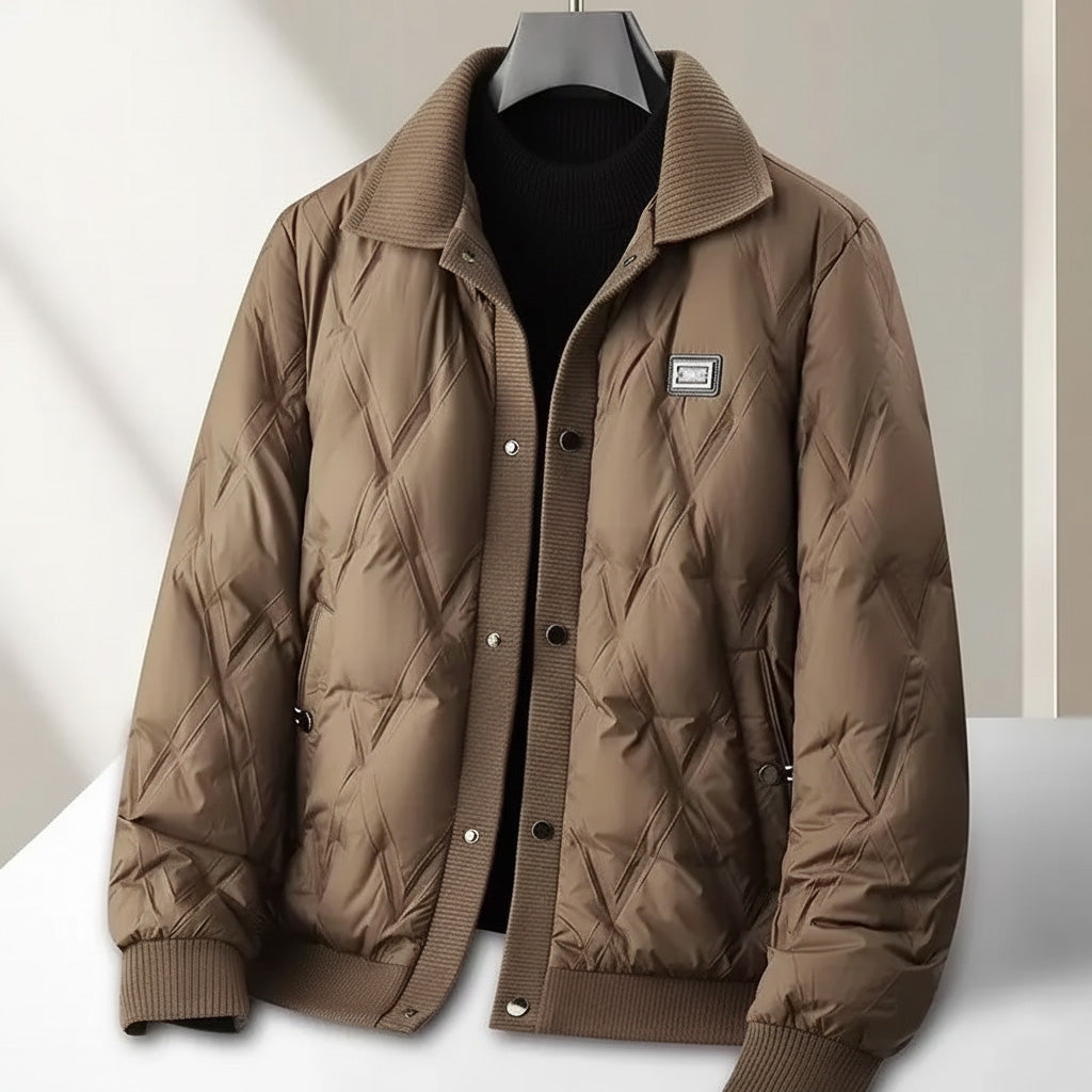 Halden Down Quilted Bomber Jacket featuring Diamond Puffer Shell and Knit Trim