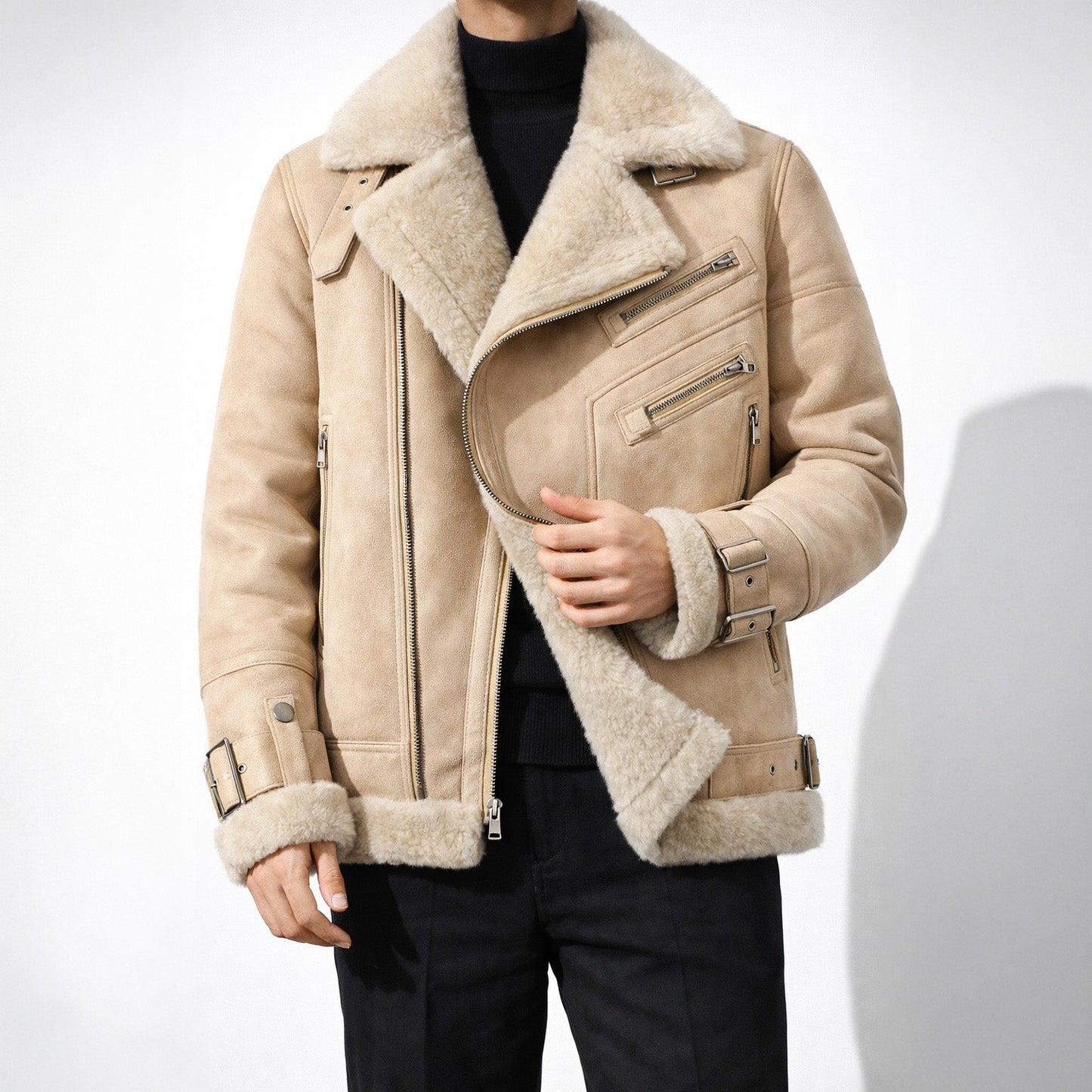 Airfield Suede Shearling Aviator Jacket with Wide Lapel and Buckle Cuffs