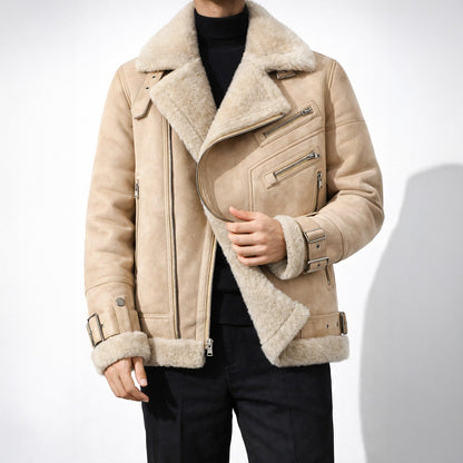 Airfield Suede Shearling Aviator Jacket with Wide Lapel and Buckle Cuffs