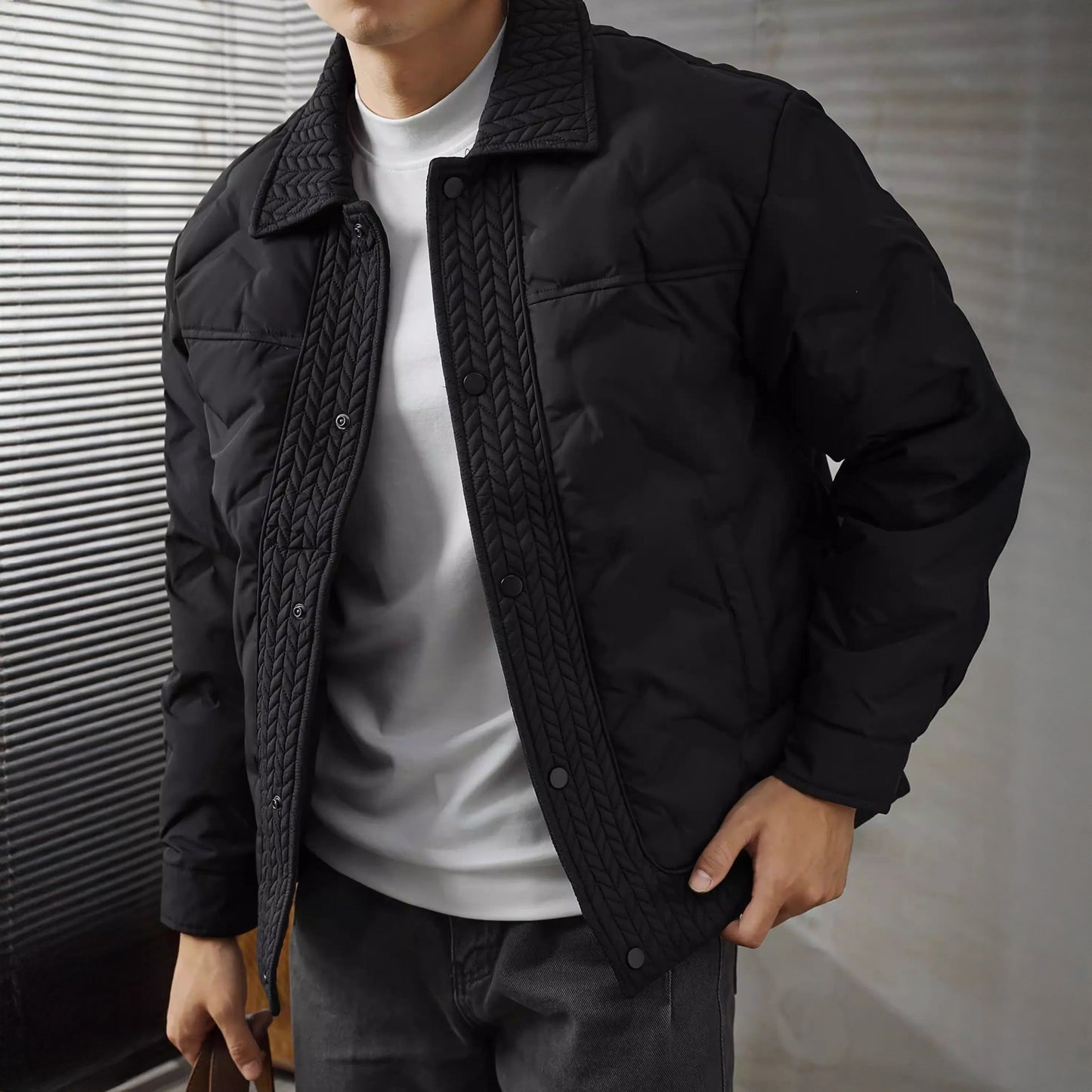 Lander Studio Quilted Puffer Jacket with Snap Button and Textured Knit Trim