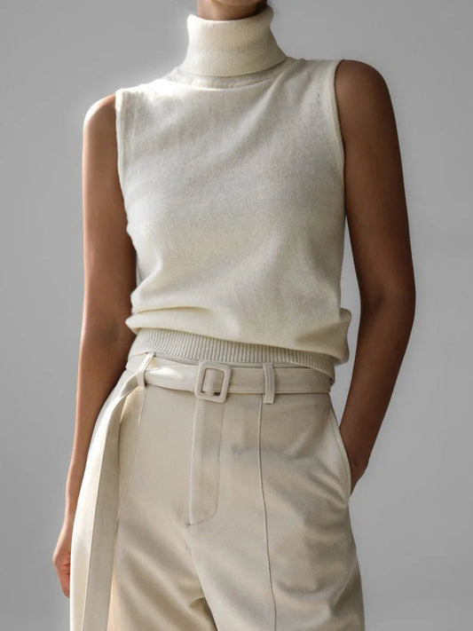 Jade High-Neck Knit Sweater Vest with Sleeveless Silhouette and Ribbed Edge