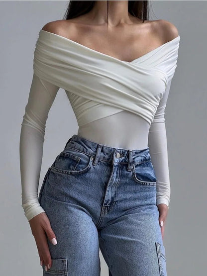 Mia Off-Shoulder Long Sleeve Bodysuit with Ruched Crossover Wrap Front Detail