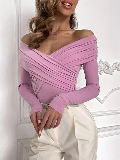 Mia Off-Shoulder Long Sleeve Bodysuit with Ruched Crossover Wrap Front Detail