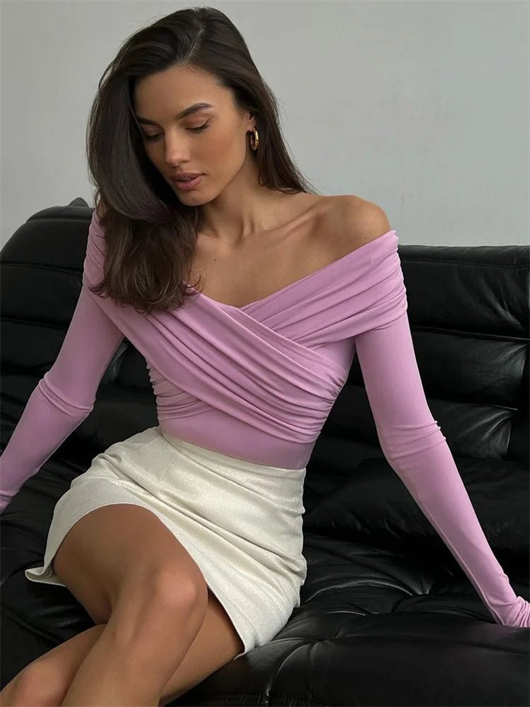 Mia Off-Shoulder Long Sleeve Bodysuit with Ruched Crossover Wrap Front Detail