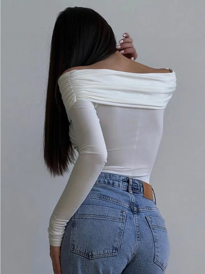 Mia Off-Shoulder Long Sleeve Bodysuit with Ruched Crossover Wrap Front Detail