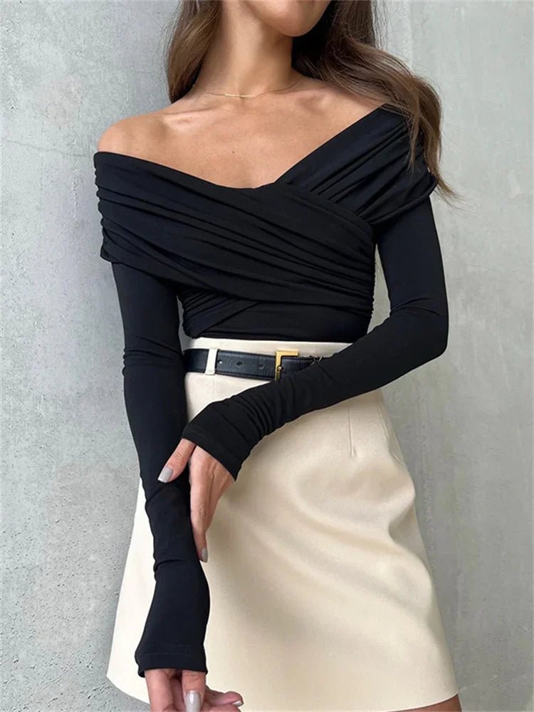 Mia Off-Shoulder Long Sleeve Bodysuit with Ruched Crossover Wrap Front Detail