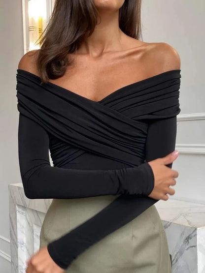 Mia Off-Shoulder Long Sleeve Bodysuit with Ruched Crossover Wrap Front Detail