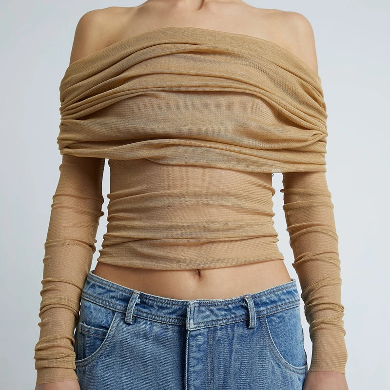 Milan Ruched Sheer Mesh Off-Shoulder Crop Top with Draped Long Sleeves