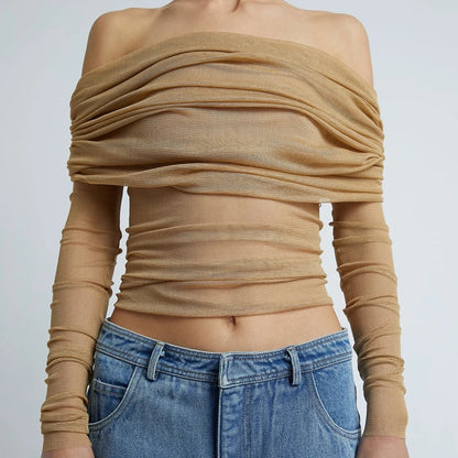 Milan Ruched Sheer Mesh Off-Shoulder Crop Top with Draped Long Sleeves