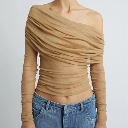 Milan Ruched Sheer Mesh Off-Shoulder Crop Top with Draped Long Sleeves
