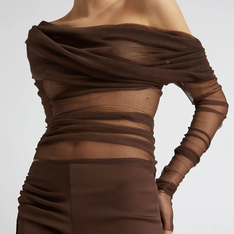 Milan Ruched Sheer Mesh Off-Shoulder Crop Top with Draped Long Sleeves