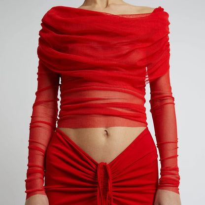 Milan Ruched Sheer Mesh Off-Shoulder Crop Top with Draped Long Sleeves